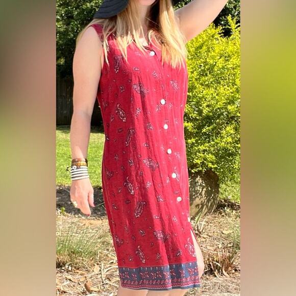 Vintage Dead stock Linen Blend Red Sleeveless Shirt Dress - Picture 1 of 5